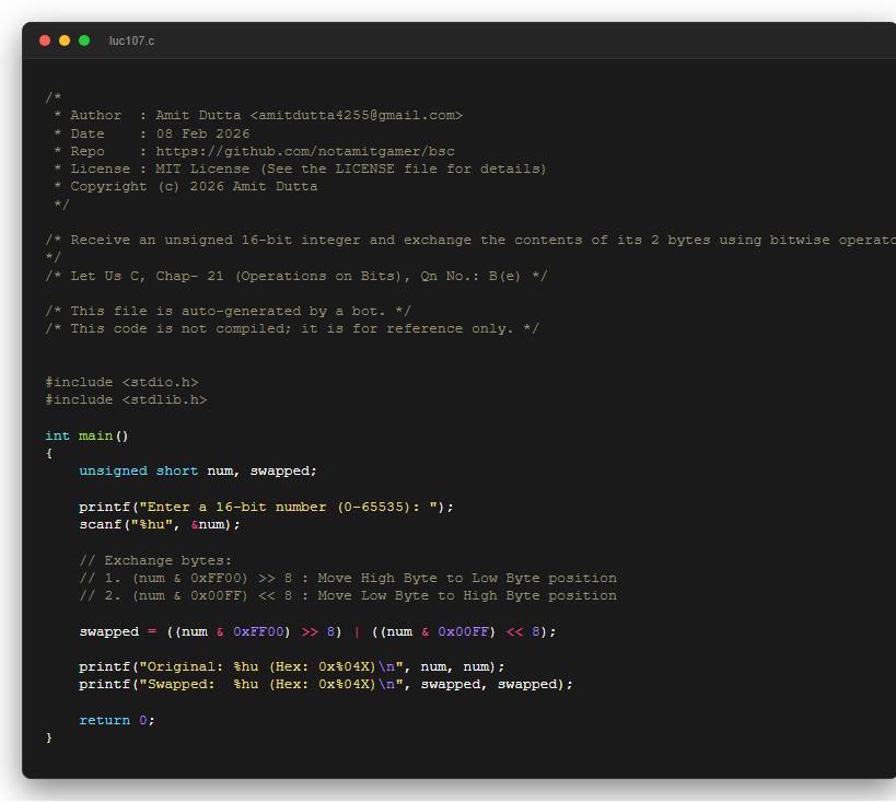 Receive an unsigned 16-bit integer and exchange the contents of its 2 bytes using bitwise operators.
